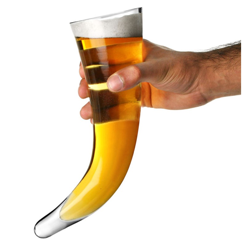 Beer Mug - VIKING HORN, 480ml - with Wooden Stan