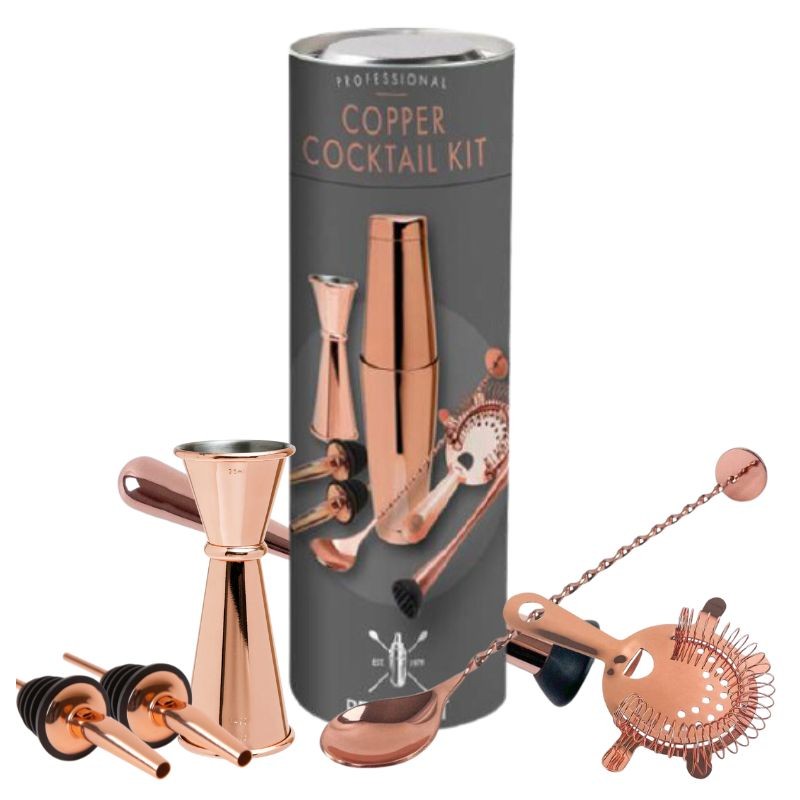 Juego de Barman COBRE con Utensilios de Bar (¡8 piezas!) [MEZCLAR] en Caja de Regalo