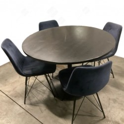 Set de Comedor Moderno – Mesa Redonda Negra + 4 Sillas de Terciopelo Azul Oscuro | Elegante y Cómodo (Usado, Buen Estado)