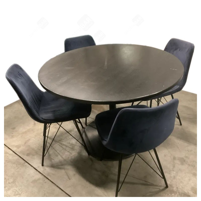 Modern Étkező Szett – Kerek Fekete Asztal + 4 Sötétkék Bársony Szék | Elegáns & Kényelmes (Használt, Jó Állapot)