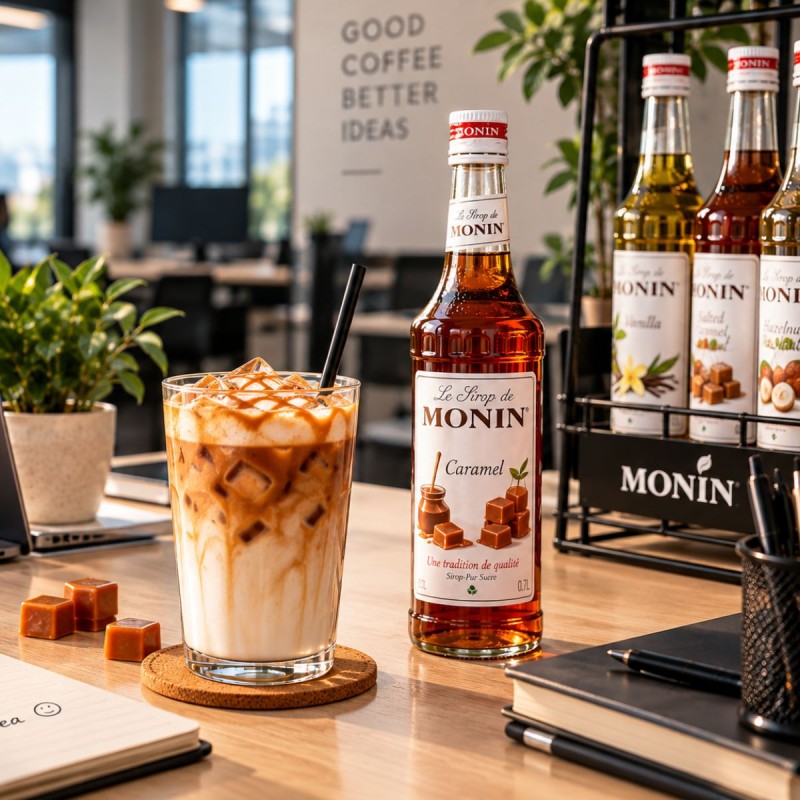 Sciroppo MONIN Caramello 700ml – Latte freddo al caramello in ufficio