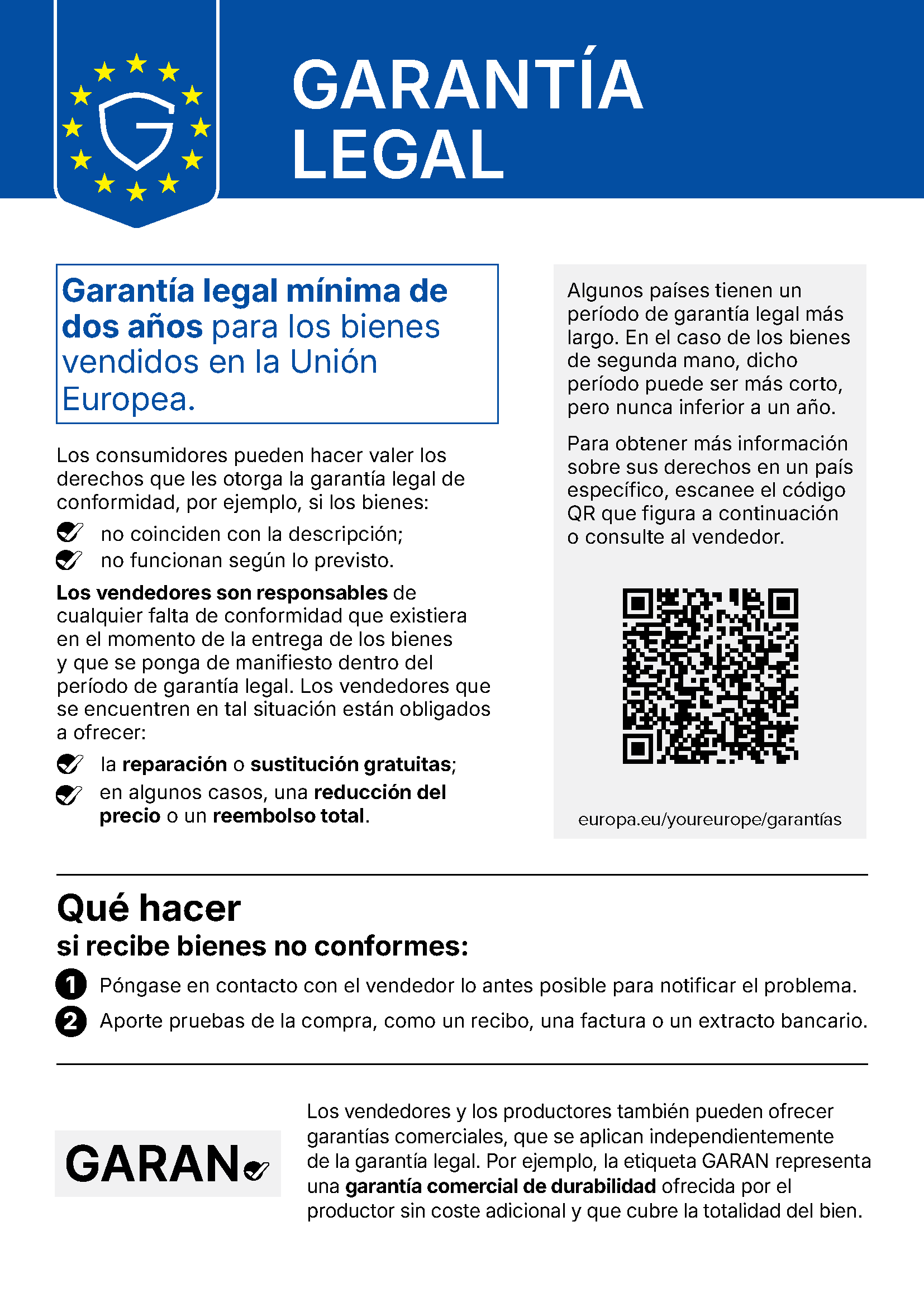 Aviso armonizado sobre la garantía legal de conformidad