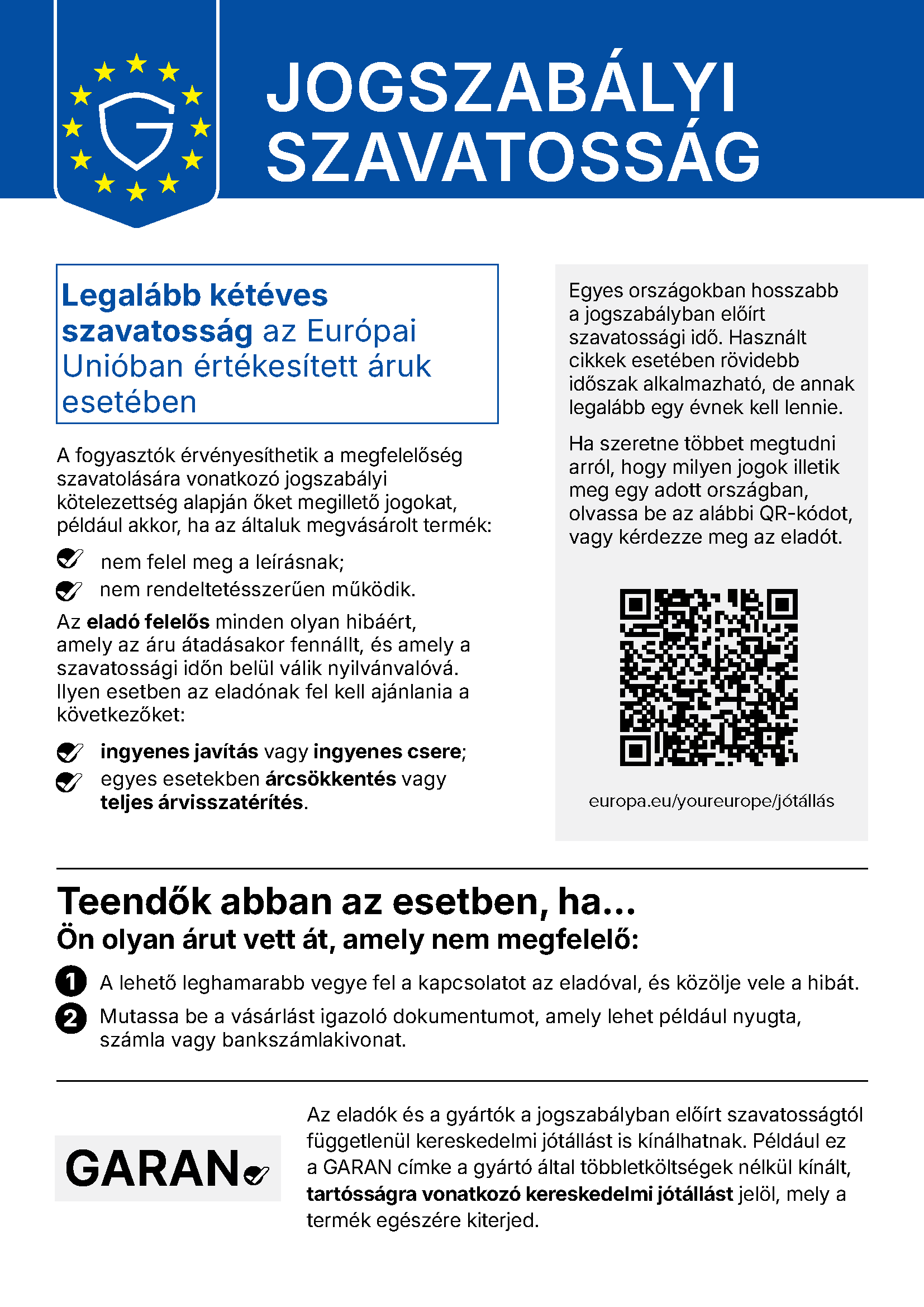 Harmonizált értesítés a megfelelőség szavatolására vonatkozó jogszabályi kötelezettségről