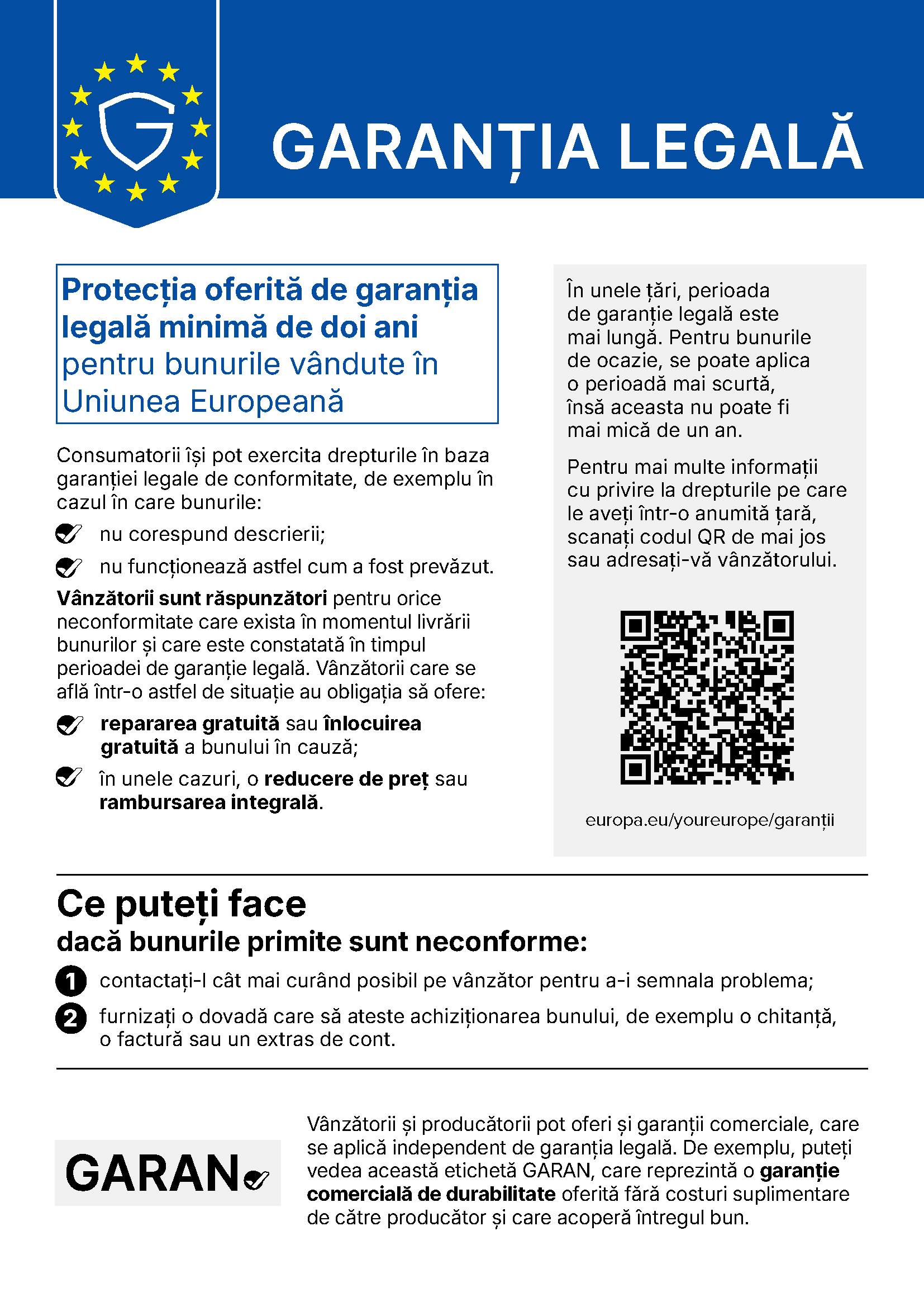 Notificarea armonizată privind garanția legală de conformitate